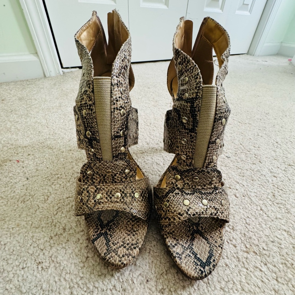 Brown Snakeskin Open-Toe Heels with Studded Straps
